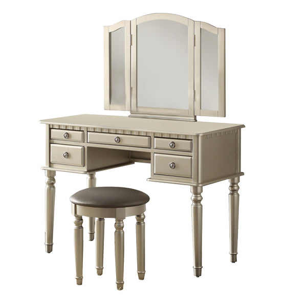 Commodious Vanity Set Featuring Stool And Mirror Silver-Bedroom Furniture Sets-Silver-Rubber WoodMDF / Birch Veneer-JadeMoghul Inc.