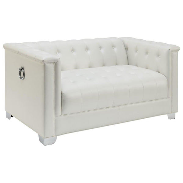 Contemporary Faux Leather & Metal Loveseat With Button Tufting, White-Living Room Furniture-White-Faux Leather and Metal-JadeMoghul Inc.