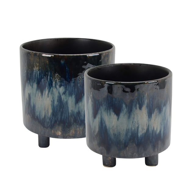 Contemporary Style Ceramic Footed Planters with Cylindrical Shape, Multicolor, Set of Two