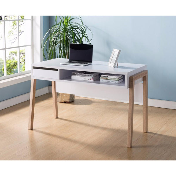 Contemporary Style Desk With Open Storage Shelf, White and brown-Desks and Hutches-White and Brown-Wood-JadeMoghul Inc.