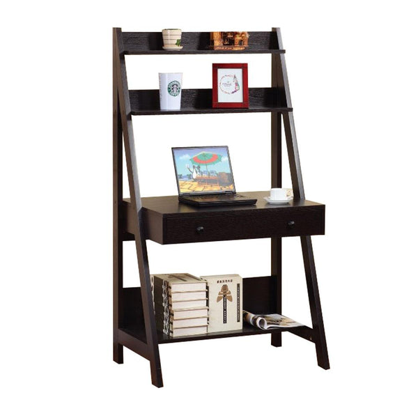 Contemporary Style Ladder Desk With 3 Open Shelves.-Desks and Hutches-Dark Brown-Wood-JadeMoghul Inc.