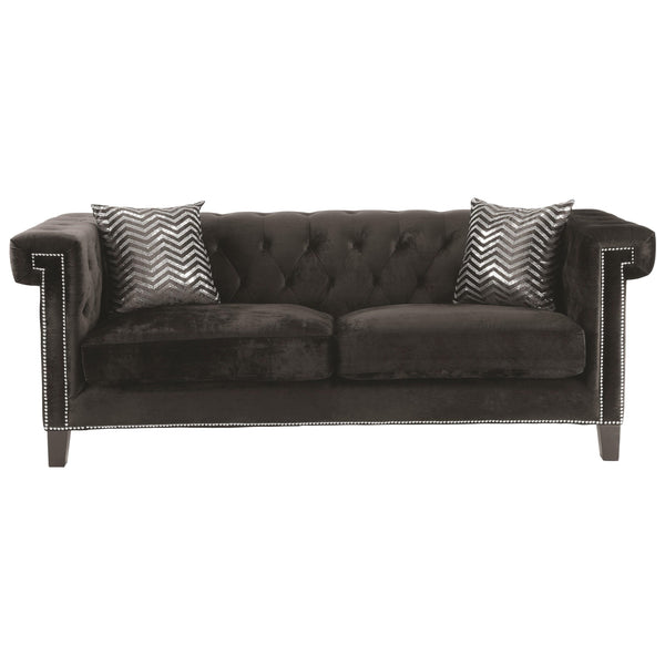 Contemporary Velvet Fabric & Wood Sofa With Accent Pillows, Charcoal Gray-Living Room Furniture-Gray-Velvet Fabric and Wood-JadeMoghul Inc.