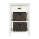 Cottage Style Wooden Accent Table with Two Woven Storage Baskets, White and Brown-Accent Tables-White and Brown-Wood engineered wood Veneer and metal-JadeMoghul Inc.