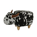 Cow Shaped Wooden Storage Ottoman with Monochromic Fabric Upholstery, Black and White