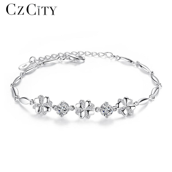 CZCITY Brand Cubic Zirconia 925 Sterling Silver Bracelet for Women Genuine 925 Silver Charm Flower Chain Link Bracelet Jewellry--JadeMoghul Inc.