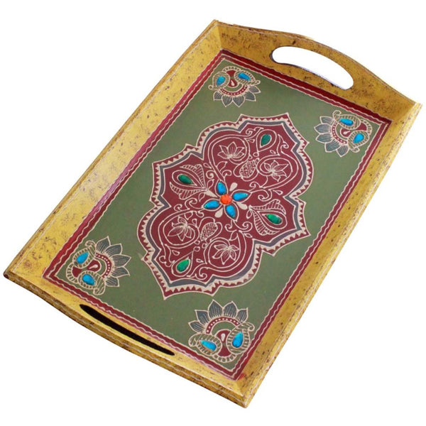 Decorative Handmade Wooden Tray With Artwork, Multicolor-Decorative Trays-Multicolor-Wood-JadeMoghul Inc.