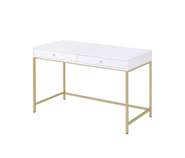 Desks Student Desk - 20" X 47" X 31" White High Gloss Gold Metal Wood Desk HomeRoots