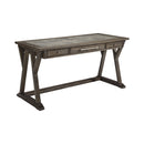 Desks Three Drawer Wooden Desk with Cross Brace Stretcher and Faux Bluestone Top, Gray Benzara