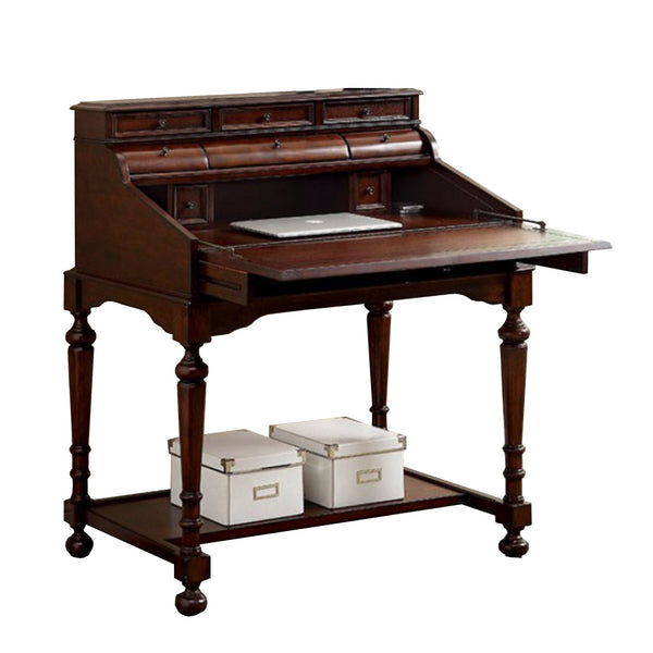 Desmont Transitional Style Secretary Desk With Multiple Drawers, Cherry-Desks and Hutches-Cherry-Leatherette Solid Wood Wood Veneer & Others-JadeMoghul Inc.