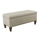 Textured Fabric Upholstered Wooden Storage Bench With Nail head Trim, Large, Beige and Brown