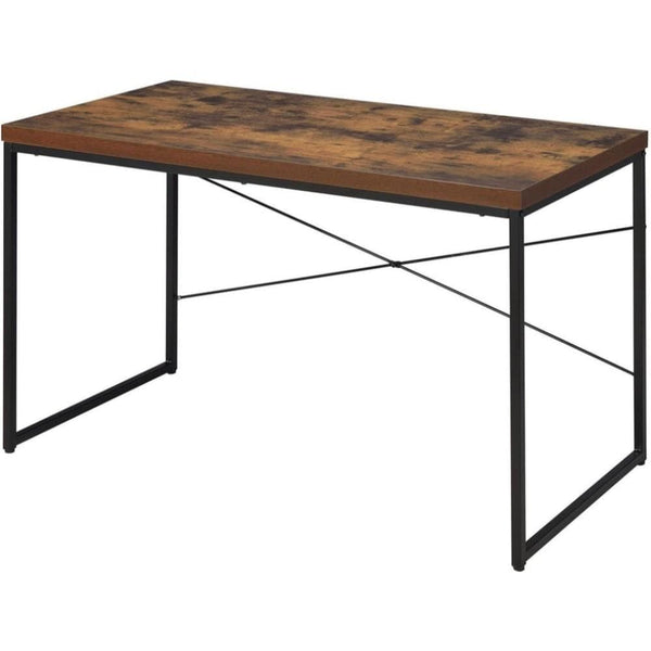 Dining Furniture Rectangular Wooden Desk With Metal Base, Weathered Oak Brown And Black Benzara