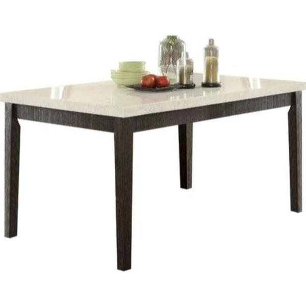Dining Furniture Rectangular Wooden Dining Table with Marble Top, White and Dark Oak Brown Benzara