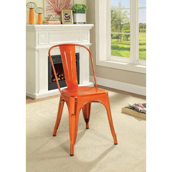 Dining Furniture Set of Two Metal Dining Side Chairs, Glossy Orange Benzara