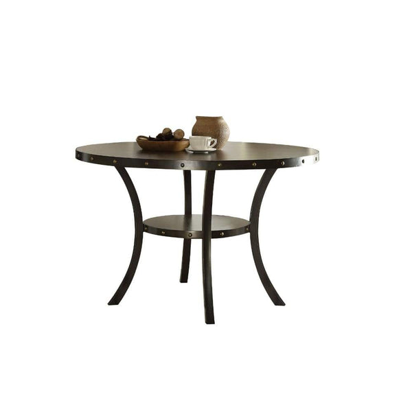 Transitional Round Wooden and Metal Dining Table with Mid Round Shelf, Brown
