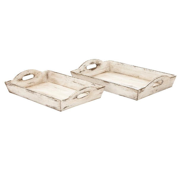 Distressed Wooden Serving Trays With Handles, Set Of 2, White-Serving Trays-White-Mango Wood-distressed-JadeMoghul Inc.