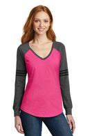 District Made Ladies Game Long Sleeve V-Neck Tee. DM477-T-shirts-Heathered Dark Fuchsia/ Heathered Charcoal/ Black-4XL-JadeMoghul Inc.