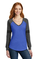 District Made Ladies Game Long Sleeve V-Neck Tee. DM477-T-shirts-Heathered True Royal/ Heathered Charcoal/ Black-4XL-JadeMoghul Inc.