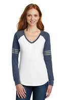 District Made Ladies Game Long Sleeve V-Neck Tee. DM477-T-shirts-White/ Heathered Navy/ Silver-4XL-JadeMoghul Inc.