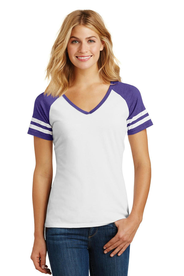District Made Ladies Game V-Neck Tee. DM476-T-shirts-White/ Heathered Purple-4XL-JadeMoghul Inc.