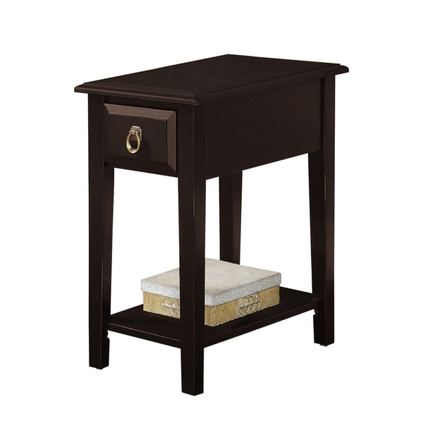 Wooden End Table with One Drawer and Bottom Shelf, Espresso Brown