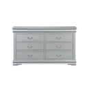 Dressers Six Drawers Wooden Dresser with Metal Handles and Bracket Base, Gray Benzara