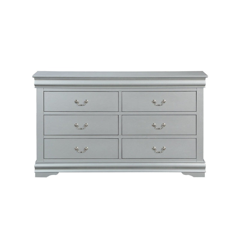 Dressers Six Drawers Wooden Dresser with Metal Handles and Bracket Base, Gray Benzara