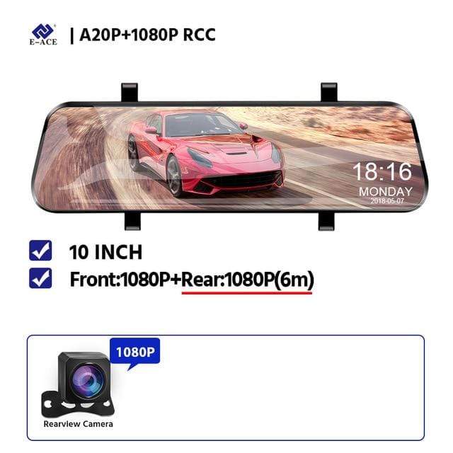 E-ACE 10 Inch Touch Car Dvr Streaming Media Mirror Dash Cam FHD 1080P Video Recorder Dual Lens Support 1080P Rearview Camera GPS AExp