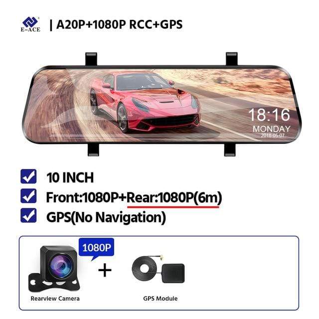 E-ACE 10 Inch Touch Car Dvr Streaming Media Mirror Dash Cam FHD 1080P Video Recorder Dual Lens Support 1080P Rearview Camera GPS AExp