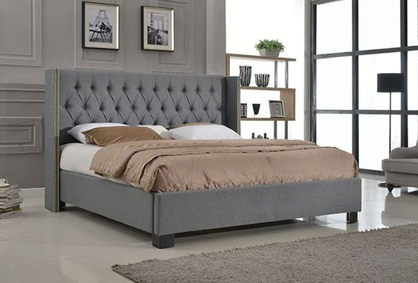 Eastern King Platform Bed with Button Tufted Footboard, Gray-Platform Beds-Gray-Wood/PU-JadeMoghul Inc.