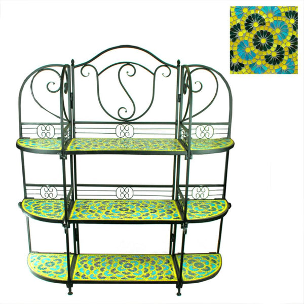 Elegant And Stylish 3Tiers Metal Planter Stand With Mosaic Pattern, Blue And Yellow-Plant Stands and Telephone Tables-Blue & Yellow-Mosaic/Metal-JadeMoghul Inc.