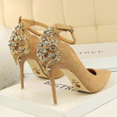 Elegant Crystal Pointed Toe Wedding Shoes - New Women's Solid Flock Fashion Buckle Shallow High Heels Shoes for Women-Khaki-4.5-JadeMoghul Inc.