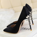 Elegant Metal Carved Heels Women Pumps Solid Silk Pointed Toe Shallow Fashion High Heels 10cm Shoes Women's Wedding Shoes-Black-4.5-JadeMoghul Inc.