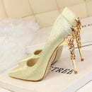 Elegant Metal Carved Heels Women Pumps Solid Silk Pointed Toe Shallow Fashion High Heels 10cm Shoes Women's Wedding Shoes-Gold PU-4.5-JadeMoghul Inc.