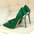 Elegant Metal Carved Heels Women Pumps Solid Silk Pointed Toe Shallow Fashion High Heels 10cm Shoes Women's Wedding Shoes-Green-4.5-JadeMoghul Inc.