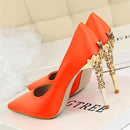 Elegant Metal Carved Heels Women Pumps Solid Silk Pointed Toe Shallow Fashion High Heels 10cm Shoes Women's Wedding Shoes-Orange red-4.5-JadeMoghul Inc.