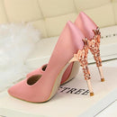 Elegant Metal Carved Heels Women Pumps Solid Silk Pointed Toe Shallow Fashion High Heels 10cm Shoes Women's Wedding Shoes-Pink-4.5-JadeMoghul Inc.