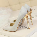 Elegant Metal Carved Heels Women Pumps Solid Silk Pointed Toe Shallow Fashion High Heels 10cm Shoes Women's Wedding Shoes-Silver PU-4.5-JadeMoghul Inc.