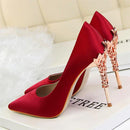 Elegant Metal Carved Heels Women Pumps Solid Silk Pointed Toe Shallow Fashion High Heels 10cm Shoes Women's Wedding Shoes-Wine Red-4.5-JadeMoghul Inc.