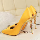 Elegant Metal Carved Heels Women Pumps Solid Silk Pointed Toe Shallow Fashion High Heels 10cm Shoes Women's Wedding Shoes-Yellow-4.5-JadeMoghul Inc.