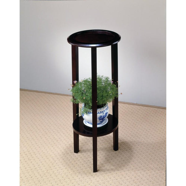 Elegant Plant Stand With Round Top, Brown-Plant Stands and Telephone Tables-Brown-Wood-JadeMoghul Inc.