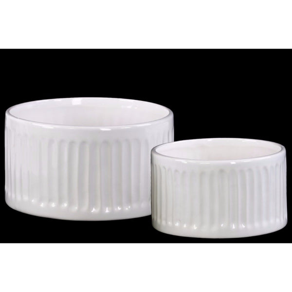 Elegant Ribbed Round Pot Set of Two- White- Benzara-Planters-White-Ceramic-JadeMoghul Inc.