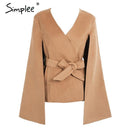 Elegant V neck Winter Cape Coat-Camel-S-JadeMoghul Inc.