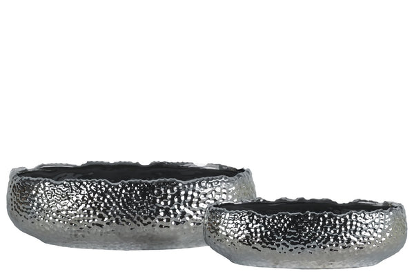 Embedded Fish Scale Irregular Lip Pot With Gloss Banded Rim Top, Set of 2, Silver-Home Accent-Silver-Ceramic-Metallic Finish-JadeMoghul Inc.