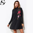 Embroidered Flower Patch Swing Tee Dress-Black-XS-JadeMoghul Inc.