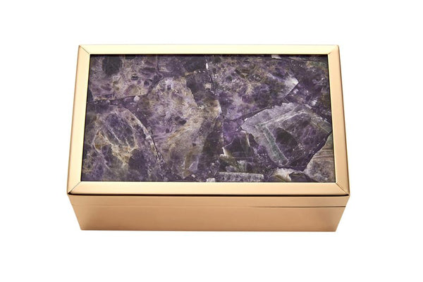 Enchanting Metal And Wood Storage Box With Agate Top, Purple-Decorative Boxes-PURPLE-Wood & Metal-JadeMoghul Inc.