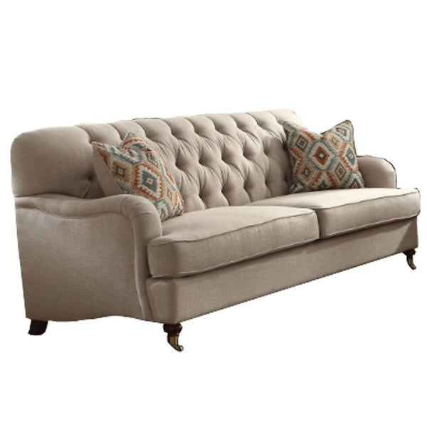 Fabric Upholstered Sofa with 2 Pillows, Beige-Sofas-Beige-Upholstery-JadeMoghul Inc.