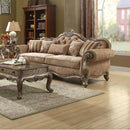 Fabric Upholstered Wooden Sofa with Scrolled Molding Trim, Brown-Living Room Furniture-Brown-Fabric Wood and Poly Resin-JadeMoghul Inc.