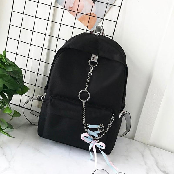 Fashion Backpack With Ribbons And Chain Ring-Black-JadeMoghul Inc.