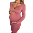 Fashion Clothing Stylish Maternity Solid Color V Neck Long Sleeves Bodycon Dress TIY