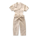 Trendy Girl Short Sleeves Button Design Lapel Casual Jumpsuit